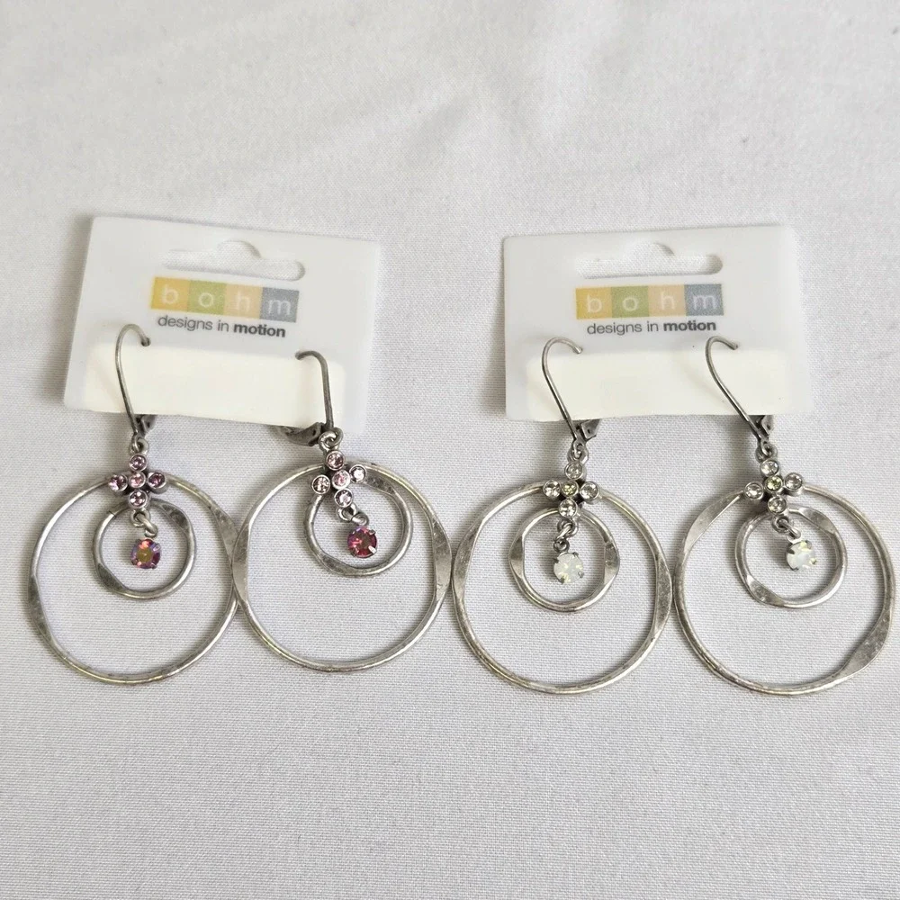 2 Pair Bohm Dangle/Drop Hoop Earrings, Silver Tone, New
